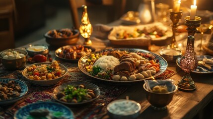 Fototapeta premium A Ramadan Iftar spread on a table, with evening light softly illuminating