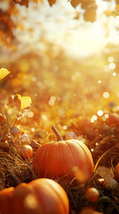 Happy Thanksgiving banner with pumpkins and autumn leaves vertical frame for instagram story, reel or tiktok background