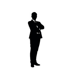 A businessman silhouette standing with crossed arms, facing forward with a strong, confident stance