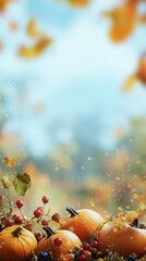 Happy Thanksgiving banner with pumpkins and autumn leaves vertical frame for instastory, reel or tiktok background