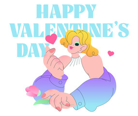 Lettering Happy Valentine's Day with young woman doing the finger heart gesture