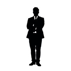 A businessman silhouette standing with crossed arms, facing forward with a strong, confident stance