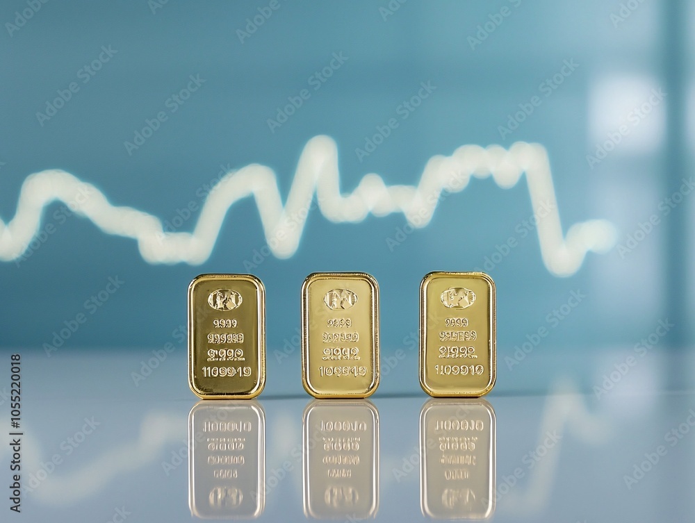 Aufkleber gold bullion bars are arranged on a reflective surface with a background showing subtle trend indica