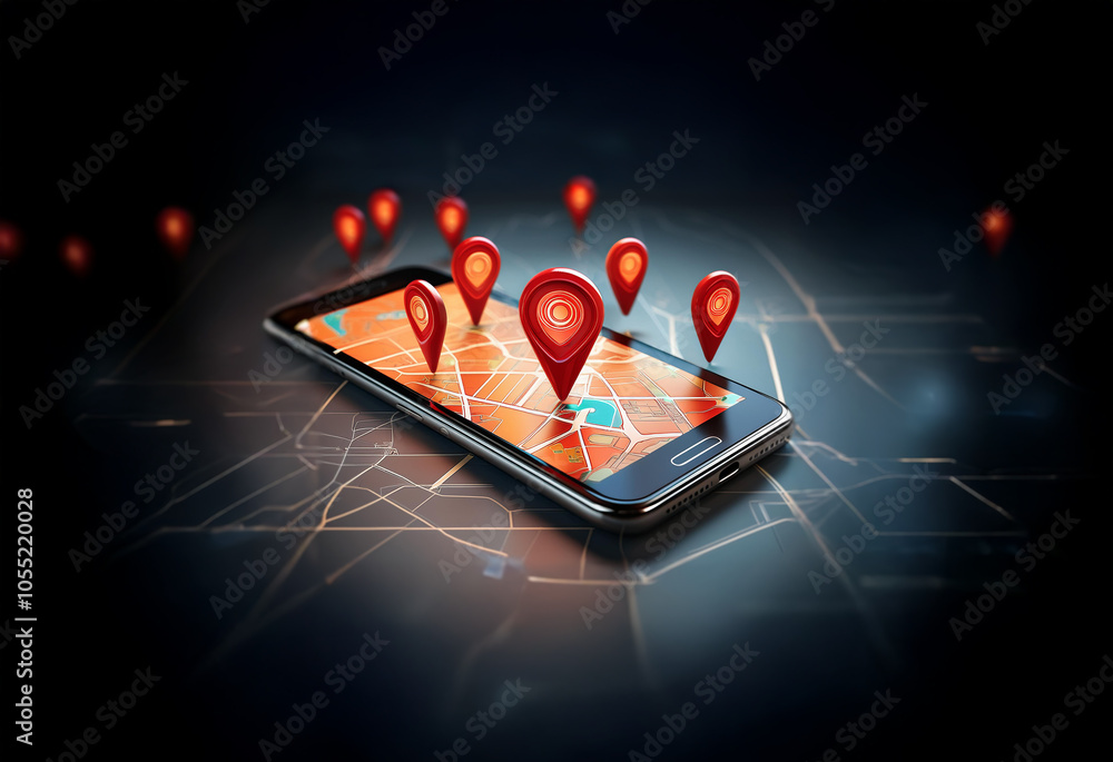 Poster a smartphone with a map displayed on the screen has multiple red location markers spread around it.