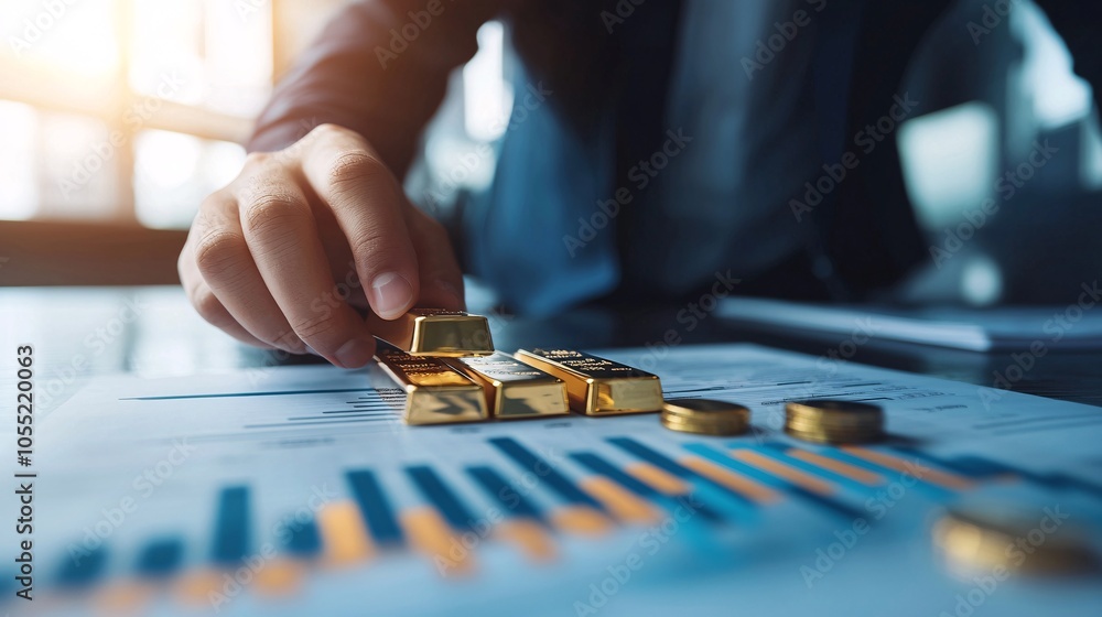 Poster a person placing a gold bar into a portfolio, with charts of investment trends in the background and