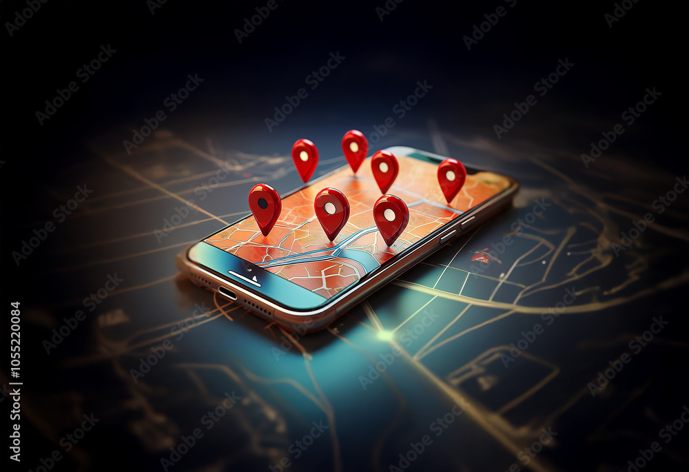 Poster a smartphone lies on a map with multiple red location pins scattered across the screen.