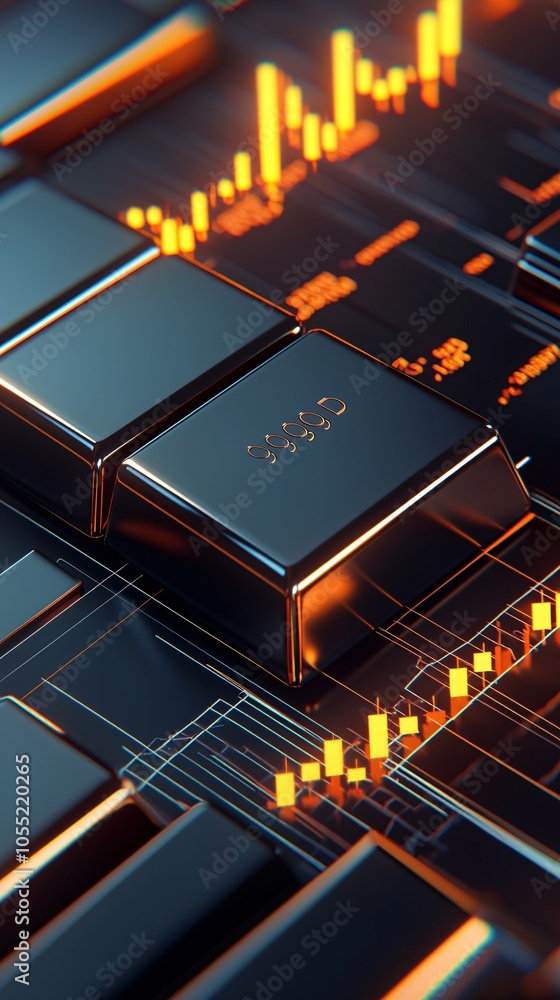 Poster a simple yet striking close-up of gold bars with graphs on financial trends in the background. this 