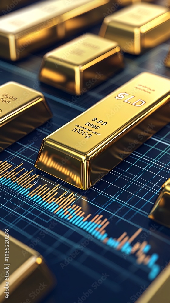 Poster a simple yet striking close-up of gold bars with graphs on financial trends in the background. this 