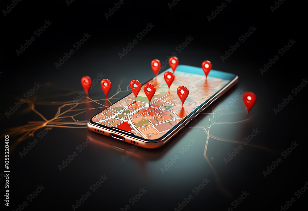 Poster a smartphone with a map on the screen and red location pins scattered around it.