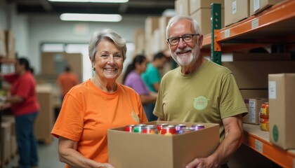 A senior couple joyfully volunteers at a community food bank, preparing supplies for distribution in a warm and welcoming environment, enhancing food security for local families