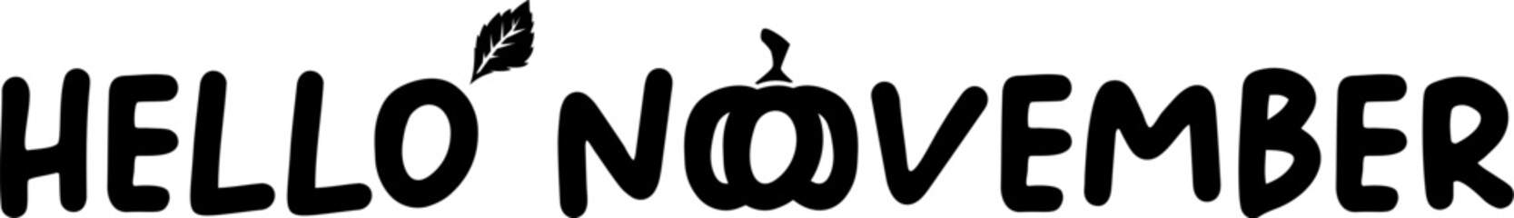 Hello November black text with pumpkin isolated on transparent background. Hello November text sticker png, label png, banner, poster design template