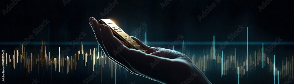 Poster a hand holding a gold bar, with a digital graph showing recent investment trends in the background. 