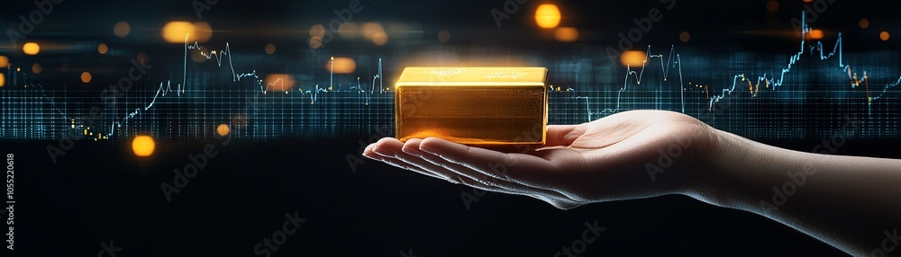 Poster a hand holding a gold bar, with a digital graph showing recent investment trends in the background. 