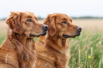Obraz premium Two Golden Retrievers sit side by side in a grassy field, looking attentively at something in the distance, surrounded by nature