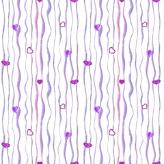 Pattern hearts and lines violet and pink on a white background 