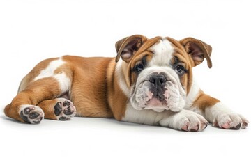 Obraz premium An English Bulldog puppy lies down on a white background, showcasing its calm and relaxed demeanor