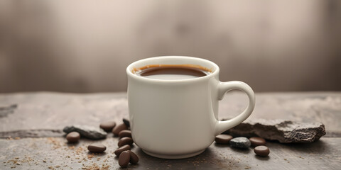 A white coffee cup with a brown liquid in it sits on a table with a pile of coff