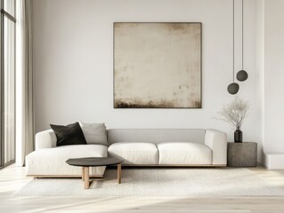 Cozy family room featuring white walls, a light gray sofa, and one piece of statement art for a sleek design