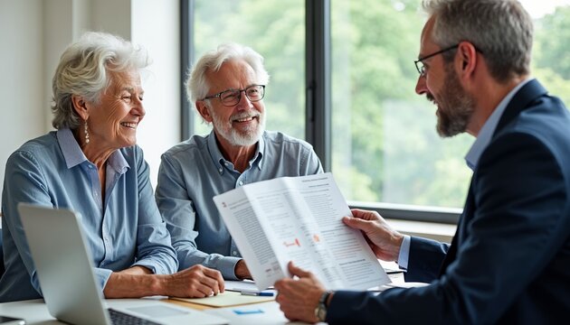 A senior couple engaged in a discussion with a financial advisor at a modern office, reviewing investment options and planning for their future during a bright afternoon