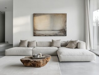 Minimalist family room featuring white walls, a light gray sofa, and one piece of statement art for a sleek design