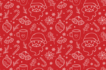 Christmas outline seamless pattern with seasonal ornaments on red background. Christmas wrapping paper pattern with line art Santa Claus head, bells, candy cane, baubles, berries and snowflakes 