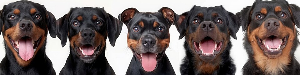 Obraz premium A group of Rottweiler dogs sits in a row with wide smiles, showcasing their playful expressions and friendly nature