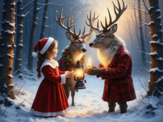 クリスマス　少女　サンタクロース　トナカイ　雪　森
