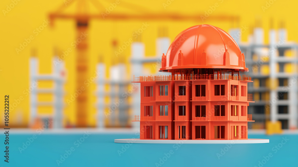 Poster printed building structure model in construction environment