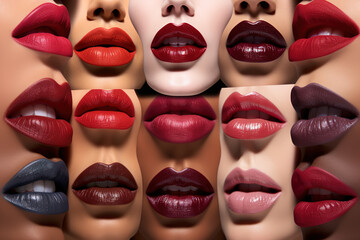 Fototapeta premium A showcase of lips coated with different shades and colors of lipstick