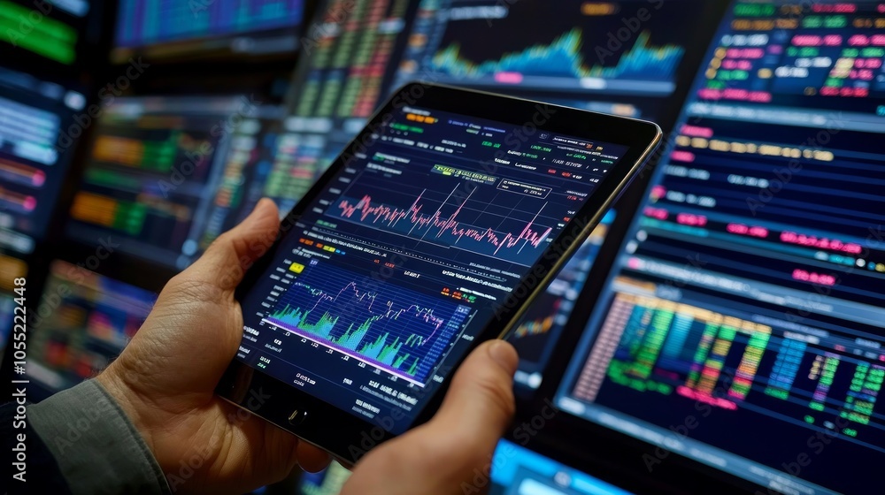 Poster hands holding a tablet showing financial data in front of large screens with stock market informatio