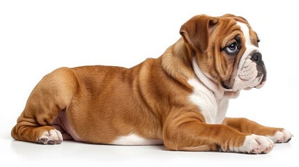 Obraz premium A young English Bulldog puppy lies down on a white background, showcasing its adorable and calm demeanor