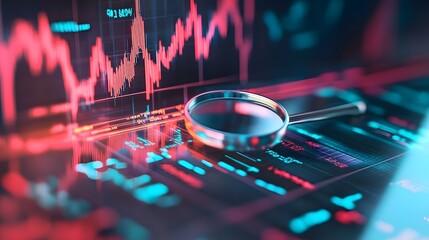 
3D graph up with search notice icon for finance statistic, sell and buy report. analyzing investment money cash and exchange with finance. 3d trading stock report icon vector render illustration