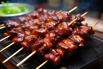 Pinoy barbecue is skewered, marinated chicken, pork, beef or seafood grilled over charcoal, known for its sweet and savory flavor.