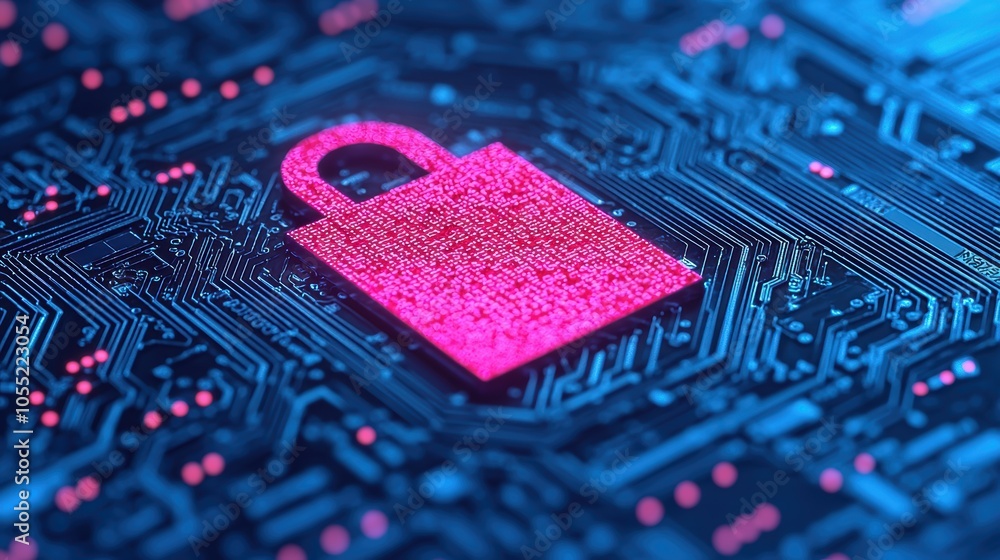 Poster quantum encryption technology concept with lock