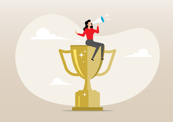 Businesswoman telling success story with megaphone on winner trophy