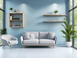 Minimalist family room with sky blue walls, light gray seating, and open shelving for a clean, uncluttered look