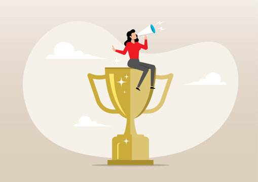 Businesswoman telling success story with megaphone on winner trophy