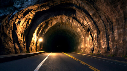 Naklejka premium The dark rock tunnel with light illuminated in the end, light at the end of tunnel, A black-and-white image of a dark hallway Light emanates from the end