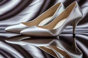 Elegant Shimmering Silver Heels on Glossy Reflective Surface