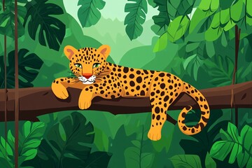 Leopard Resting on Branch in Lush Jungle Environment