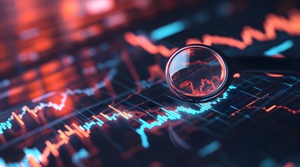 3D graph up with search notice icon for finance statistic, sell and buy report. analyzing investment money cash and exchange with finance. 3d trading stock report icon vector render illustration