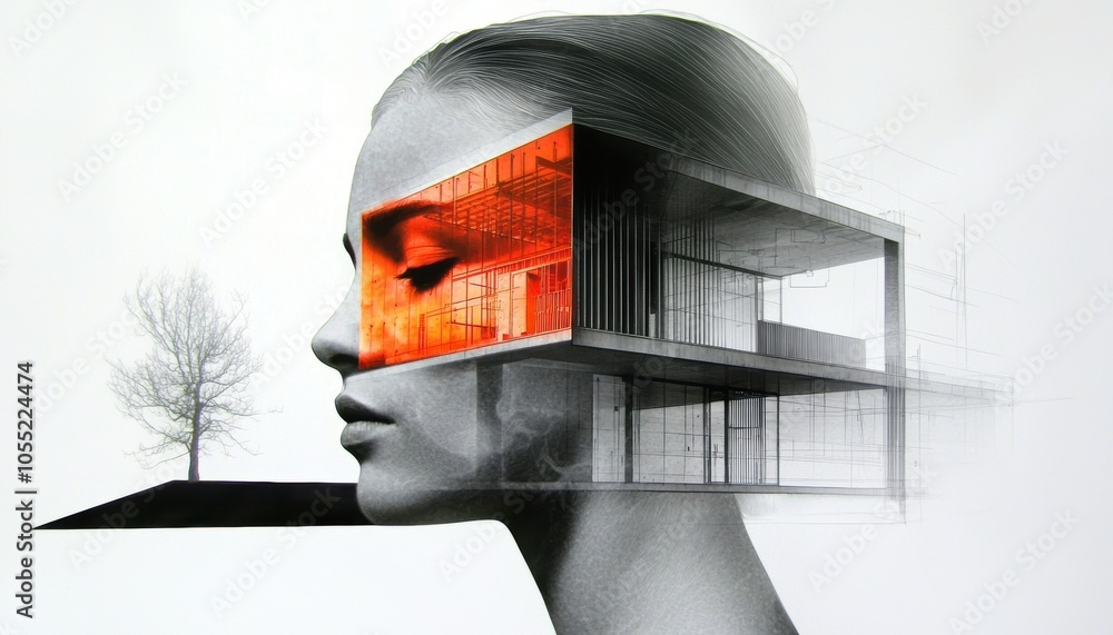 Poster mixed-media collage of construction models and architectural plans, blending real and graphic elemen