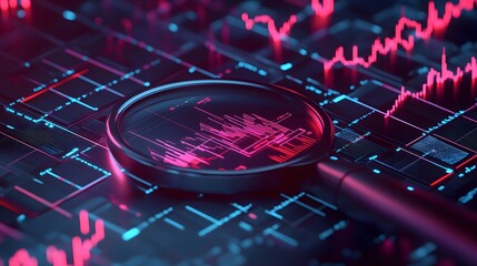 
3D graph up with search notice icon for finance statistic, sell and buy report. analyzing investment money cash and exchange with finance. 3d trading stock report icon vector render illustration