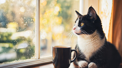Black and White Cat Looking Out Sunny Window with Coffee Mug – Cozy Autumn Morning Scene with Warm Light and Relaxed Pet