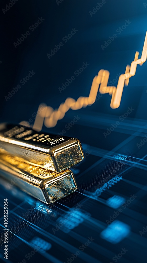 Poster a close-up of gold bars stacked neatly, highlighting their texture and weight, with financial data s