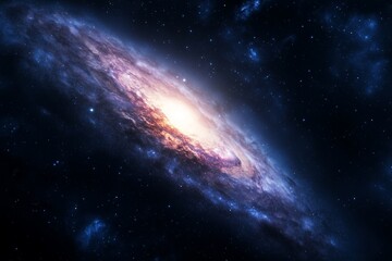 Spiral galaxy with bright core radiating light, surrounded by deep space stars.