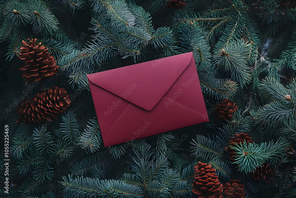 Poster a burgundy envelope on a background of different branches of coniferous trees. the concept of a wish