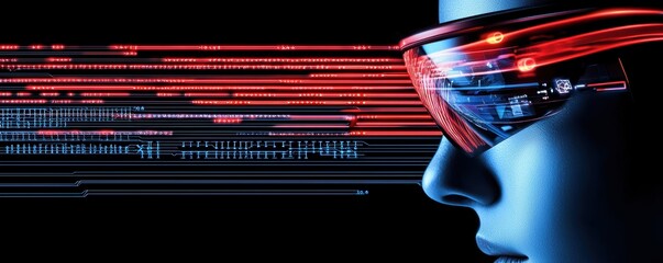 Person wearing augmented reality glasses, navigating a digital interface overlaying the real world