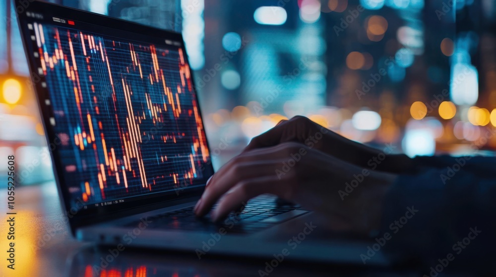 Poster an investor analyzing data on a laptop with a background
