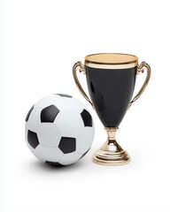 Soccer ball and elegant trophy standing side by side, symbolizing achievement in sport